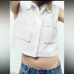 ZARA crisp white cropped sleeveless gabardine shirt with cargo pockets Sz small